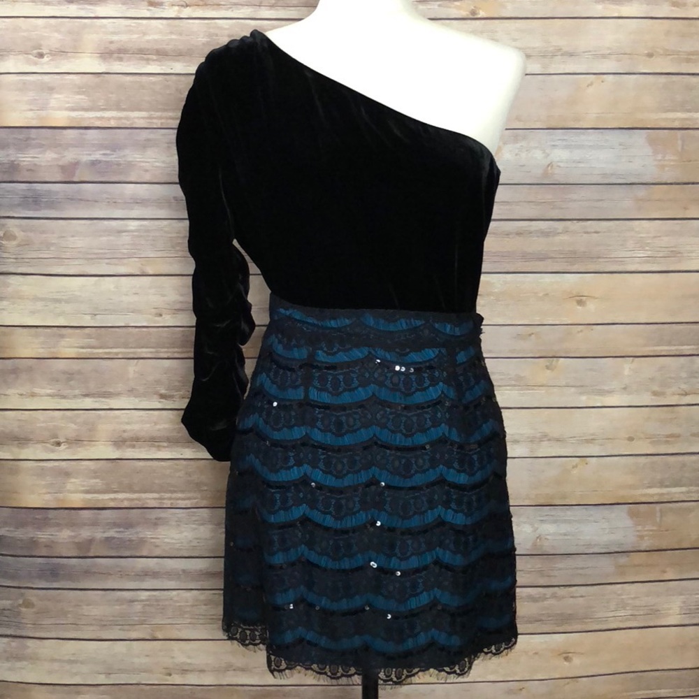 Annabella Teal Mini Skirt w/ Black Lace Overlay